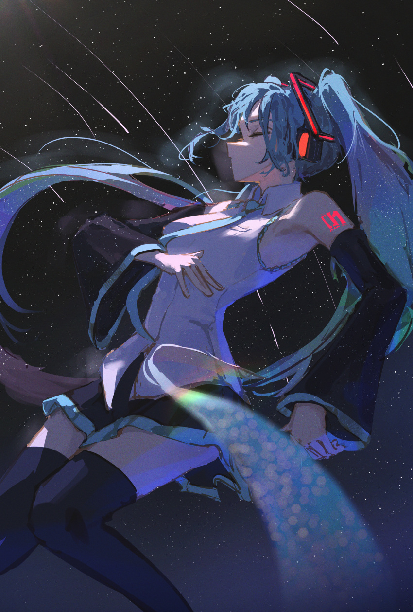 1girl, absurdres, black_skirt, black_thighhighs, blue_hair, blue_necktie, closed_eyes, commentary