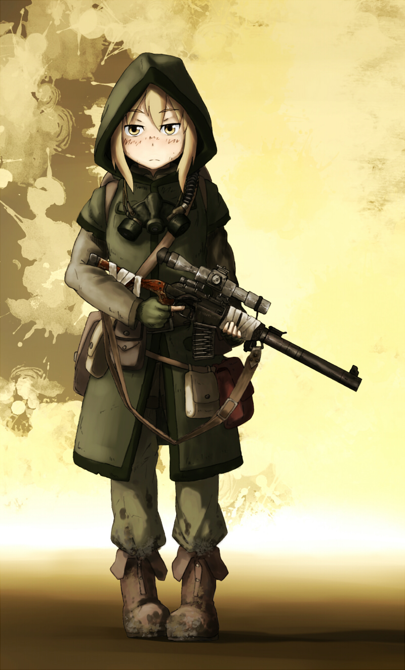 assault_rifle, boots, fingerless_gloves, gas_mask, gloves, gun, highres, kama_iruka