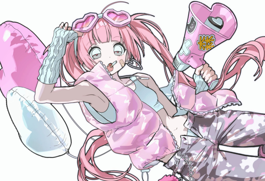 1girl, adjusting_eyewear, ahoge, arm_up, armpits, balloon, bandaid, bandaid_on_cheek