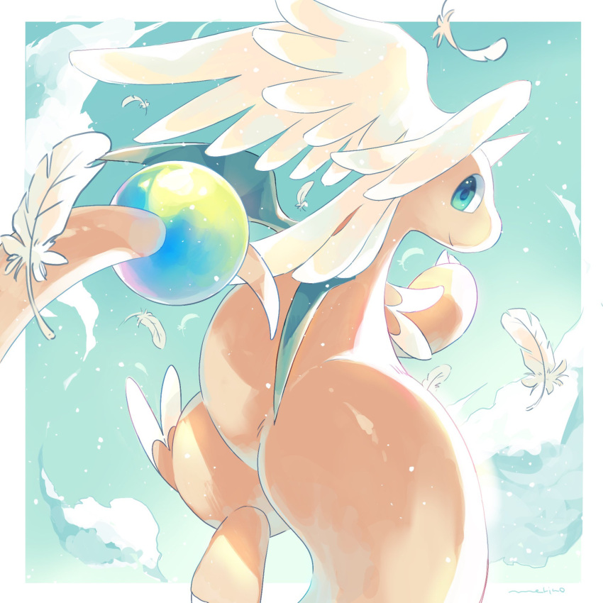 claws, closed_mouth, clouds, colored_skin, dragon, dragonite, feathered_wings, feathers