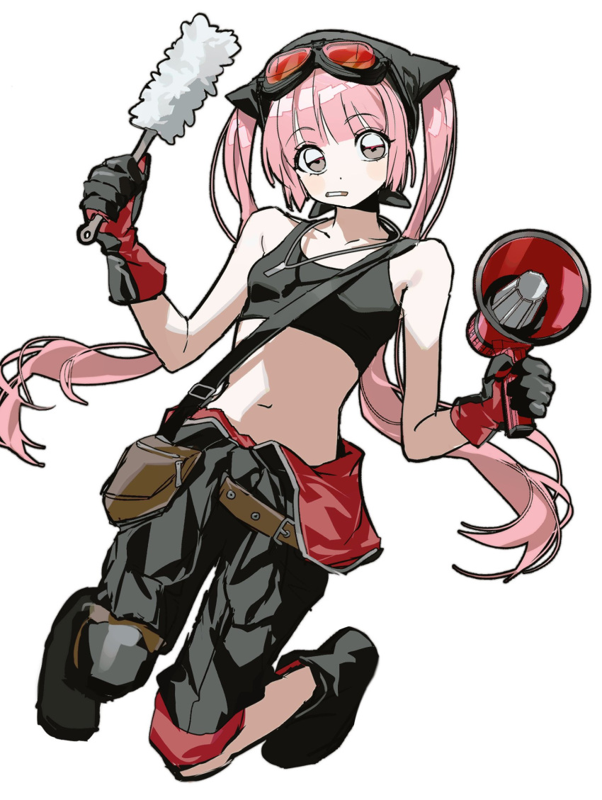 1girl, bag, bare_arms, black-framed_eyewear, black_boots, black_gloves, black_hat, black_pants, black_tank_top, blunt_bangs, boots, breasts, cigarette, crop_top, dot_nose, duster, full_body, gloves, goggles, goggles_on_head, grey_eyes, hand_up, hat, highres, holding, holding_duster, holding_megaphone, knees_up, long_hair, looking_at_viewer, megaphone, navel, original, pants, pigeon-toed, pink_hair, red-tinted_eyewear, red_gloves, rubber_gloves, shoulder_bag, simple_background, small_breasts, solo, stomach, tank_top, tinted_eyewear, twintails, two-tone_gloves, unlit_cigarette_in_mouth, very_long_hair, w_arms, white_background, zoomhong