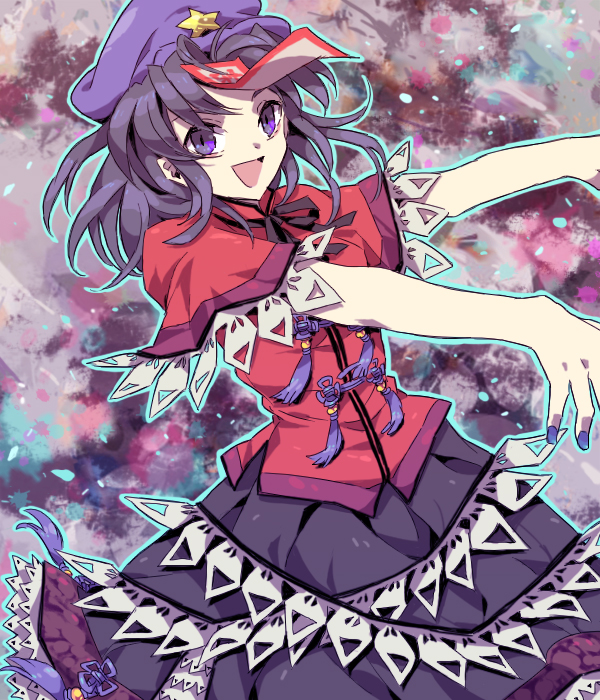 beret, black_hair, blue_eyes, geung_si, hac, hat, jiangshi, miyako_yoshika, ofuda, open_mouth, outstretched_arms, skirt, solo, star, touhou, zombie_pose
