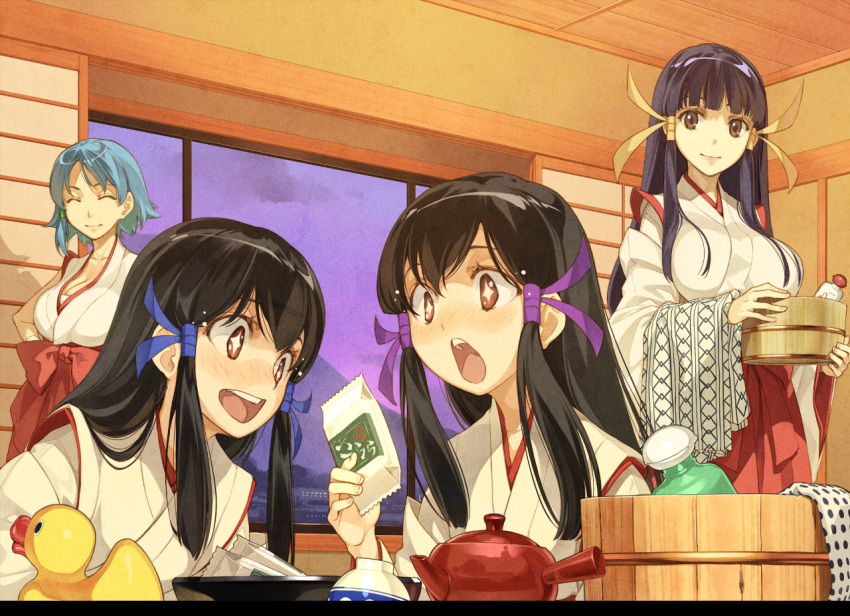 4girls, arcana_heart, black_hair, blush, breasts, face, hair_ribbon, hidari_(left_side), highres, japanese_clothes, kasuga_koito, kasuga_kouta, kasuga_maori, kasuga_tsuzune, large_breasts, long_hair, miko, multiple_girls, open_mouth, ribbon, siblings, sisters, teapot, twins, washpan