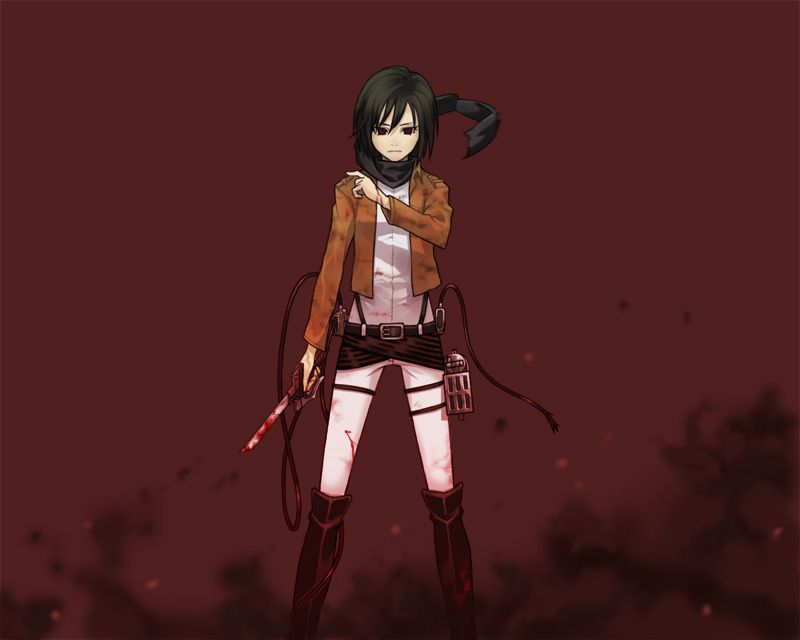 black_hair, blood, boots, knife, mikasa_ackerman, red_eyes, sayakami_yuuki, scarf, shingeki_no_kyojin