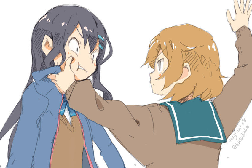 2girls, black_hair, blue_sailor_collar, brown_hair, brown_sweater, clothes_grab, collar_grab, hand_up