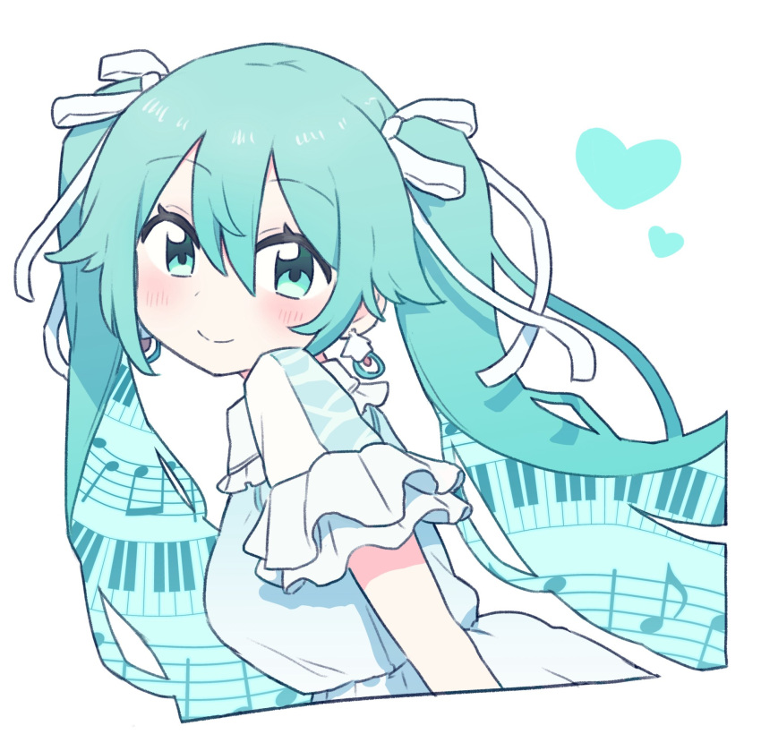 1girl, aqua_eyes, aqua_hair, beamed_eighth_notes, blue_dress, blush, breasts, closed_mouth, cropped_torso, dot_nose, dress, earrings, eighth_note, frilled_dress, frilled_sleeves, frills, from_side, hair_between_eyes, hair_ribbon, hatsune_miku, heart, highres, jewelry, light_blush, long_hair, looking_at_viewer, looking_to_the_side, musical_note, nekoko_pjsk, ribbon, short_sleeves, simple_background, smile, solo, tareme, twintails, upper_body, very_long_hair, vocaloid, white_background, white_ribbon