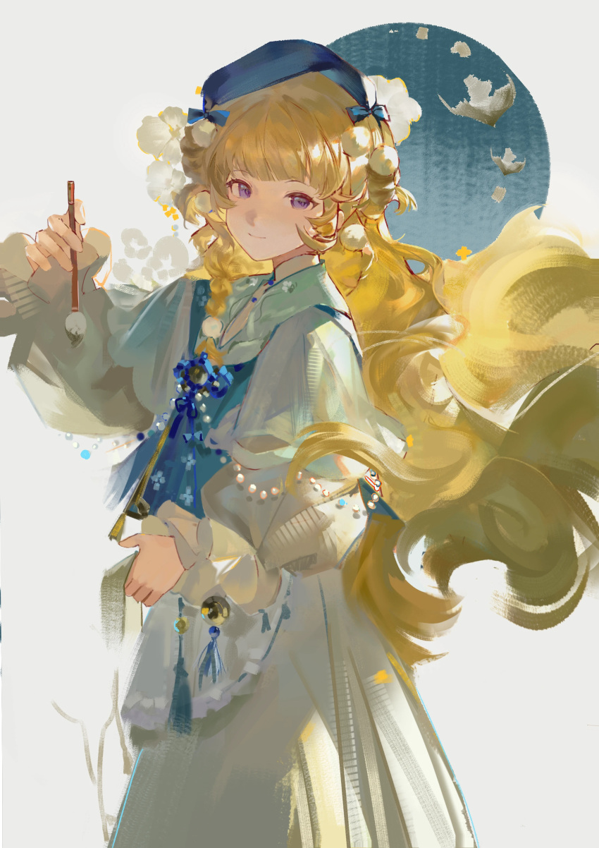 1girl, absurdres, blonde_hair, blue_hat, calligraphy_brush, chinese_clothes, closed_mouth, clothing_request