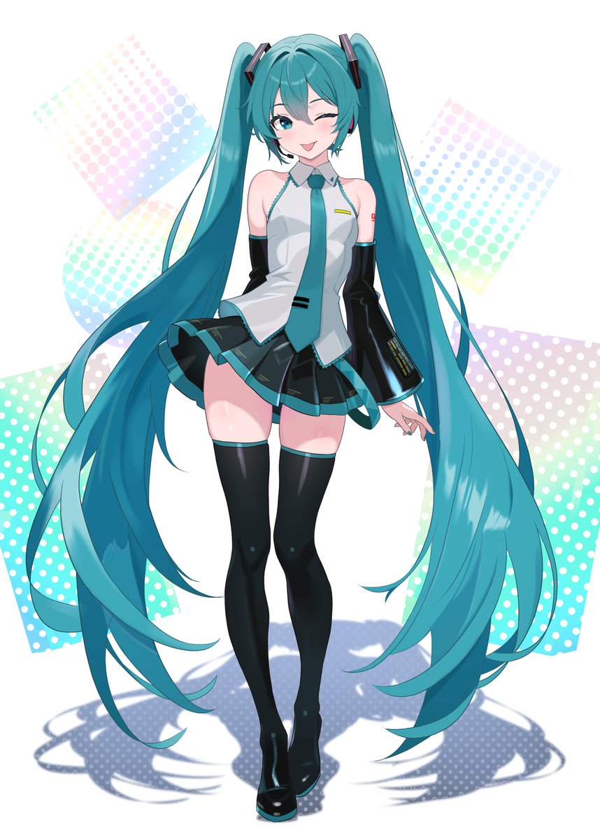 1girl, aqua_eyes, aqua_hair, aqua_necktie, black_skirt, black_sleeves, black_thighhighs, blush, breasts, detached_sleeves, full_body, futatunoniji, hair_between_eyes, hair_ornament, hatsune_miku, highres, long_hair, necktie, one_eye_closed, shirt, simple_background, skirt, smile, solo, thigh-highs, tongue, tongue_out, twintails, very_long_hair, vocaloid, white_background, white_shirt