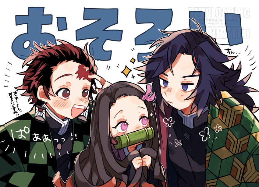 1girl, 2boys, absurdres, black_hair, black_jacket, blue_eyes, brown_eyes, brown_hair