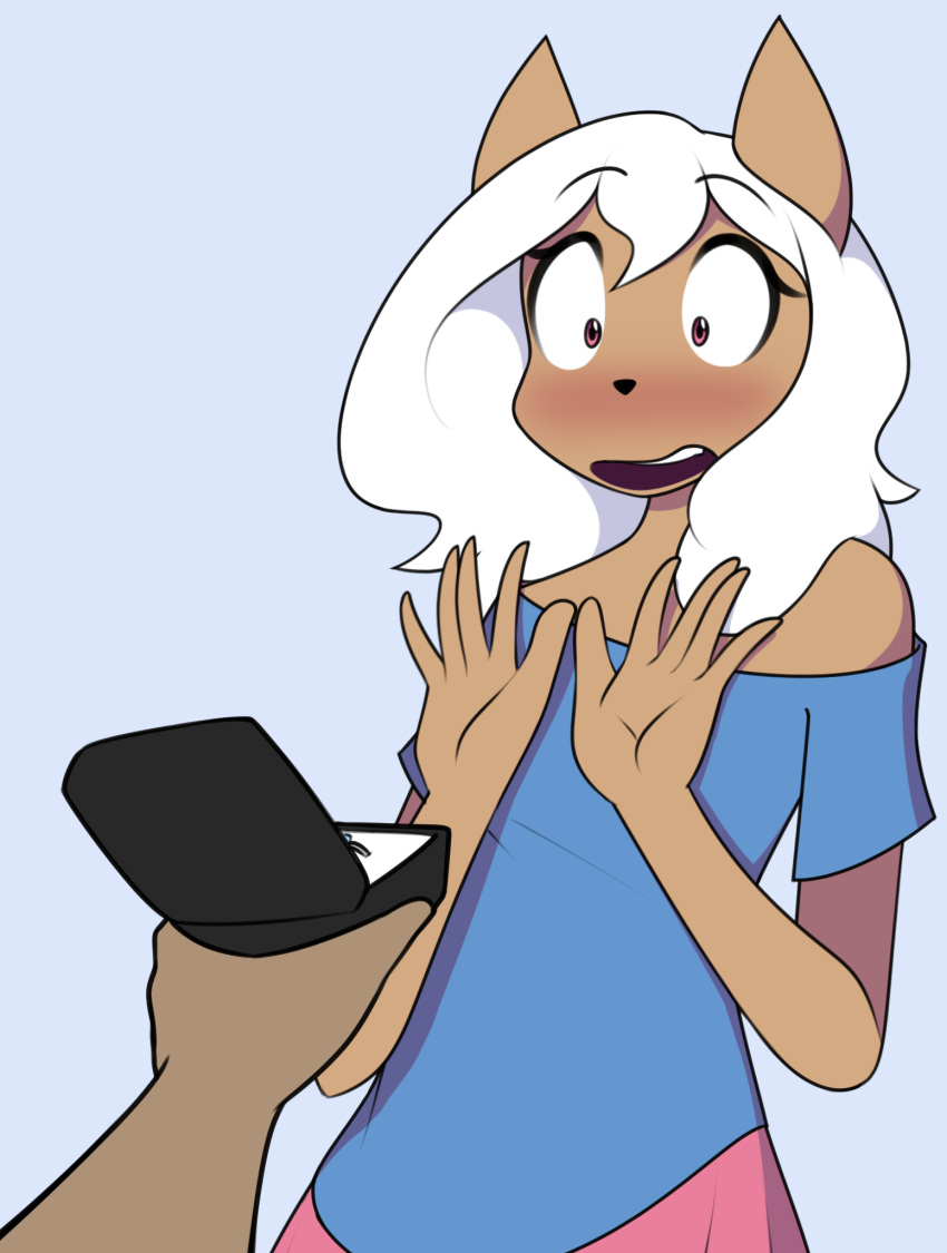 1boy, 1girl, animal_ears, animal_nose, bare_shoulders, blush, breasts, brown_fur