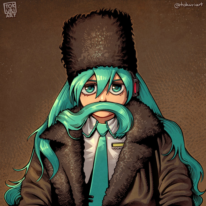 aqua_eyes, aqua_hair, aqua_necktie, artist_name, brown_background, coat, cosplay, fur_collar, fur_hat, grey_shirt, hair_mustache, hat, hatsune_miku, headphones, headset, highres, long_hair, looking_at_viewer, necktie, shirt, signature, simple_background, taras_shevchenko, tokuriart, twintails, ukraine, very_long_hair, vocaloid