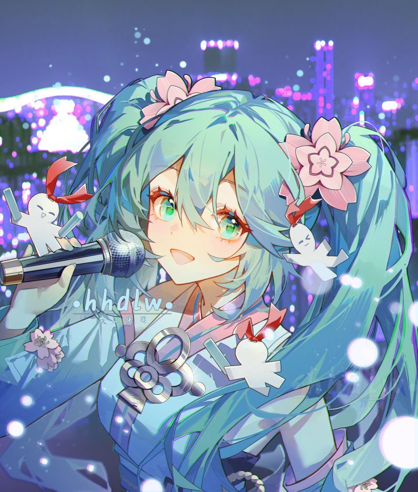 1girl, :d, absurdres, blue_shirt, blue_sleeves, detached_sleeves, double-parted_bangs, flower