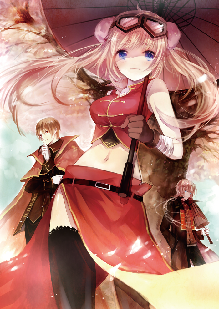 2boys, black_legwear, blonde_hair, blue_eyes, blush, breasts, bun_cover, china_dress