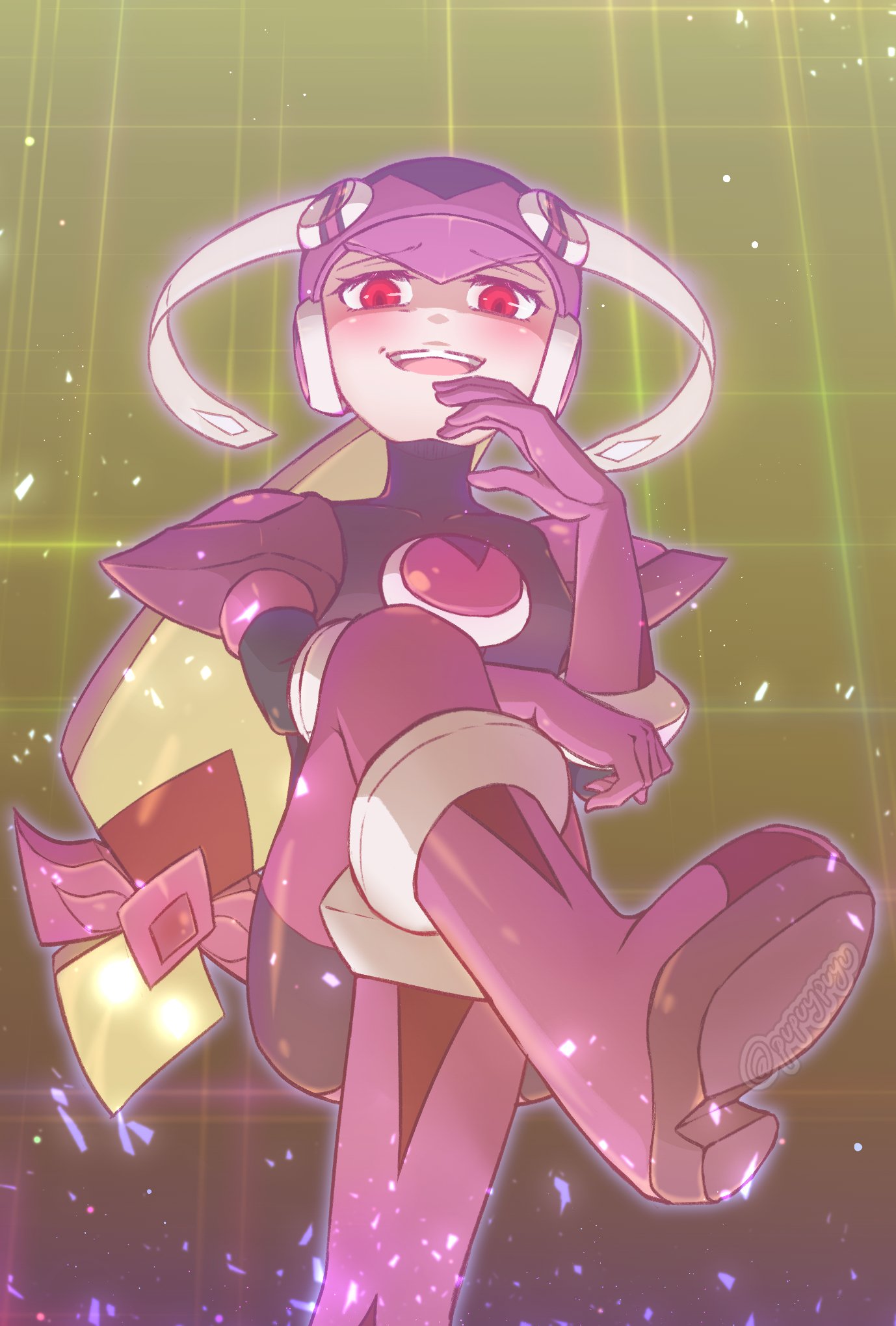 ankle_boots, armor, black_bodysuit, blush, bodysuit, boots, crossed_legs, evil_smile, from_below, hand_on_own_face, headphones, helmet, highres, long_hair, long_sleeves, looking_at_viewer, looking_down, mega_man_(series), mega_man_battle_network_(anime), mega_man_battle_network_(series), open_mouth, pink_boots, pupuypuyu, red_eyes, ribbon, roll.exe_(mega_man), shoulder_armor, smile, sparks, thigh-highs, thighhighs_under_boots, turtleneck