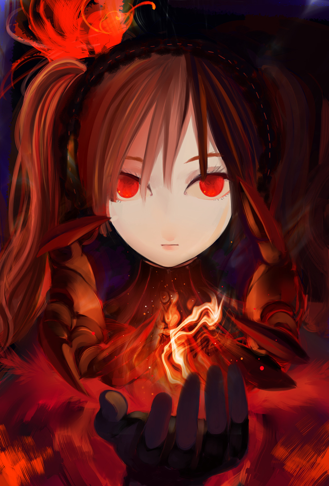 brown_hair, close-up, expressionless, eyelashes, face, fingerless_gloves, fire, gloves