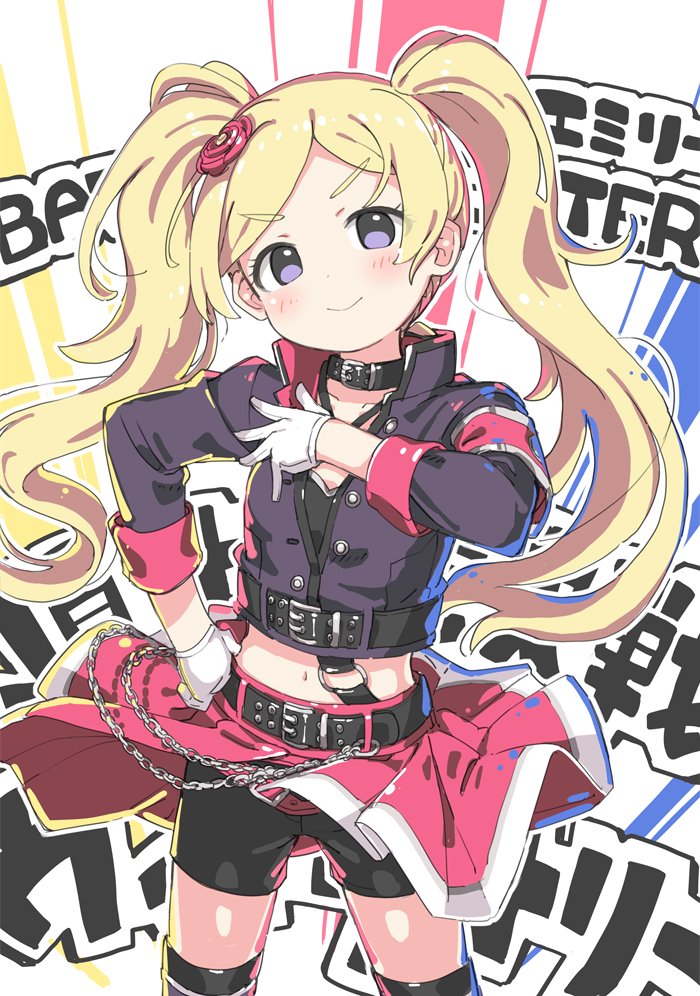 1girl, belt, black_shorts, blonde_hair, blonde_streaks, blush, character_signature, emily_stewart, flower, fluffy_hair, gloves, hair_flower, hair_ornament, idol_heroes_(idolmaster), idolmaster, idolmaster_million_live!, jacket, kuresuku_(lessons), long_hair, looking_at_viewer, million_dreams_(idolmaster), navel, shorts, skirt, smile, solo, thigh-highs, twintails, violet_eyes, white_gloves