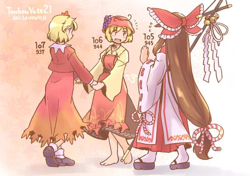 3girls, :d, aki_minoriko, aki_sandwich_(meme), aki_shizuha, apron, barefoot, bell
