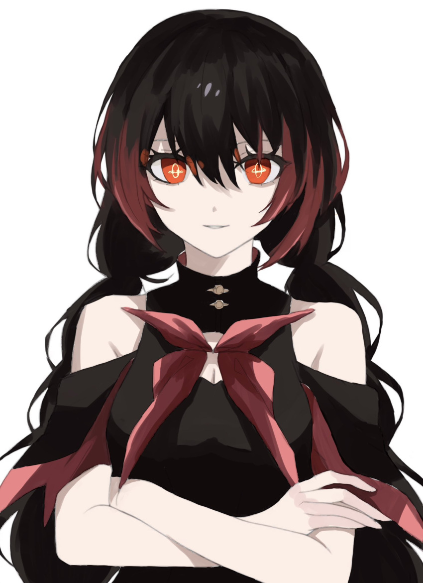 1girl, black_dress, black_hair, braid, clothing_cutout, cradle_(pgr), crossed_legs, dress