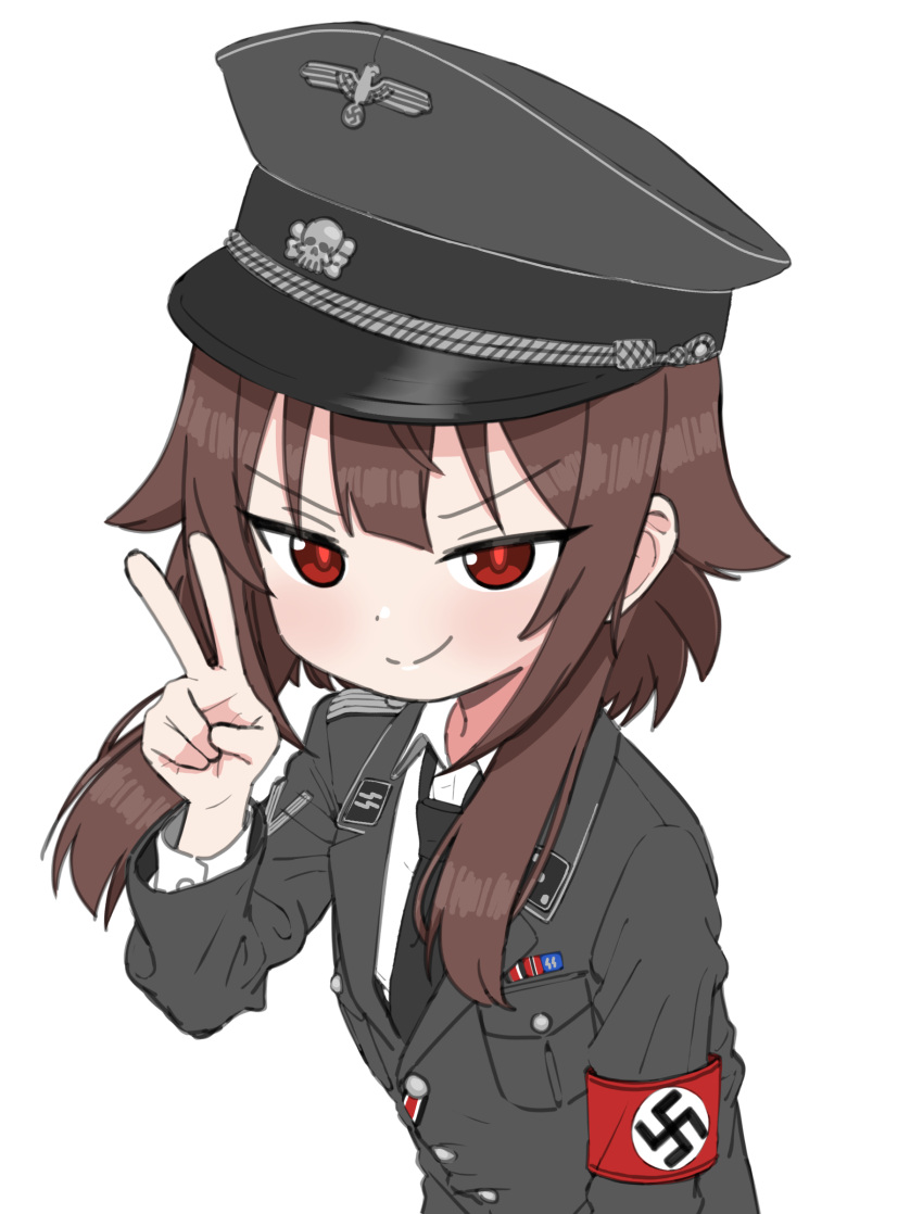 1girl, absurdres, armband, black_cat03, black_hat, black_jacket, black_necktie, brown_hair