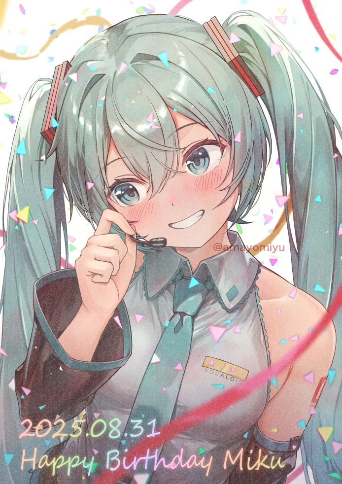 1girl, amayomiyu, aqua_eyes, aqua_hair, aqua_necktie, birthday, black_sleeves, collared_shirt
