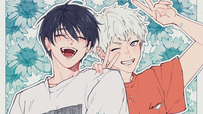 2boys, alternate_costume, black_hair, closed_eyes, commentary_request, flower, flower_request, grin, happy, highres, hikaru_ga_shinda_natsu, indou_hikaru, light_blush, male_focus, mole, mole_on_cheek, mole_on_neck, mole_under_eye, mole_under_mouth, multiple_boys, multiple_moles, one_eye_closed, open_mouth, orange_shirt, shirt, short_hair, smile, sono_nu, teeth, tongue, tsujinaka_yoshiki, upper_body, v, v-shaped_eyebrows, white_hair, white_shirt