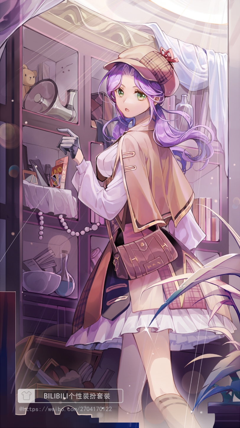 1girl, arm_at_side, bag, black_gloves, book, bottle, box, breasts