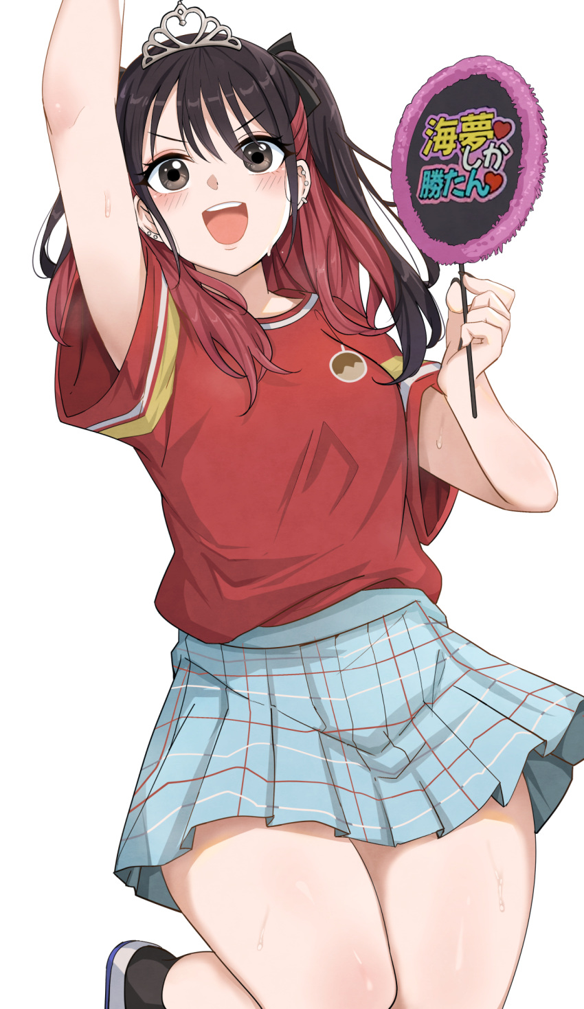 1girl, arm_up, black_hair, earrings, grey_eyes, highres, holding, holding_sign