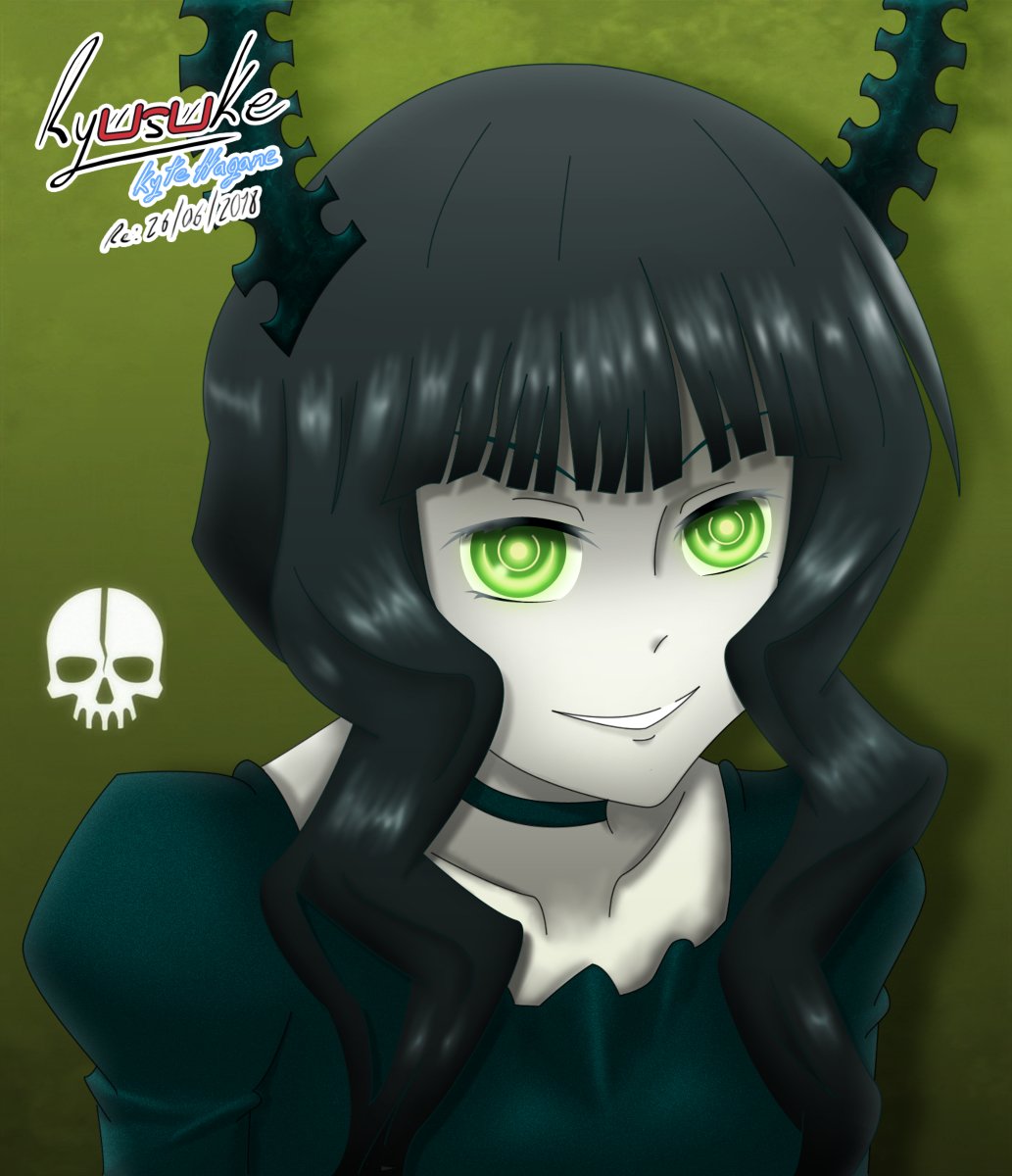 1girl, 2018, artist_name, black_choker, black_hair, black_horns, black_rock_shooter, choker