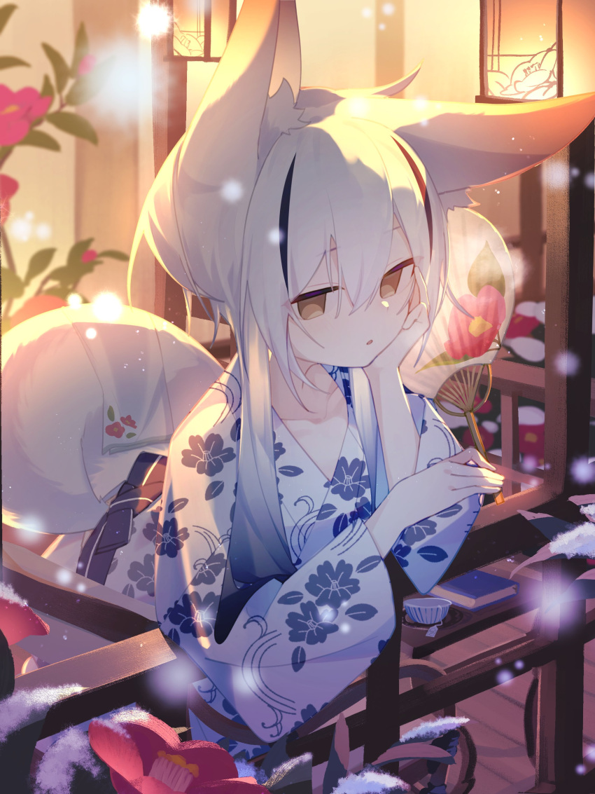 1girl, absurdres, against_railing, animal_ear_fluff, animal_ears, brown_eyes, camellia, floral_print