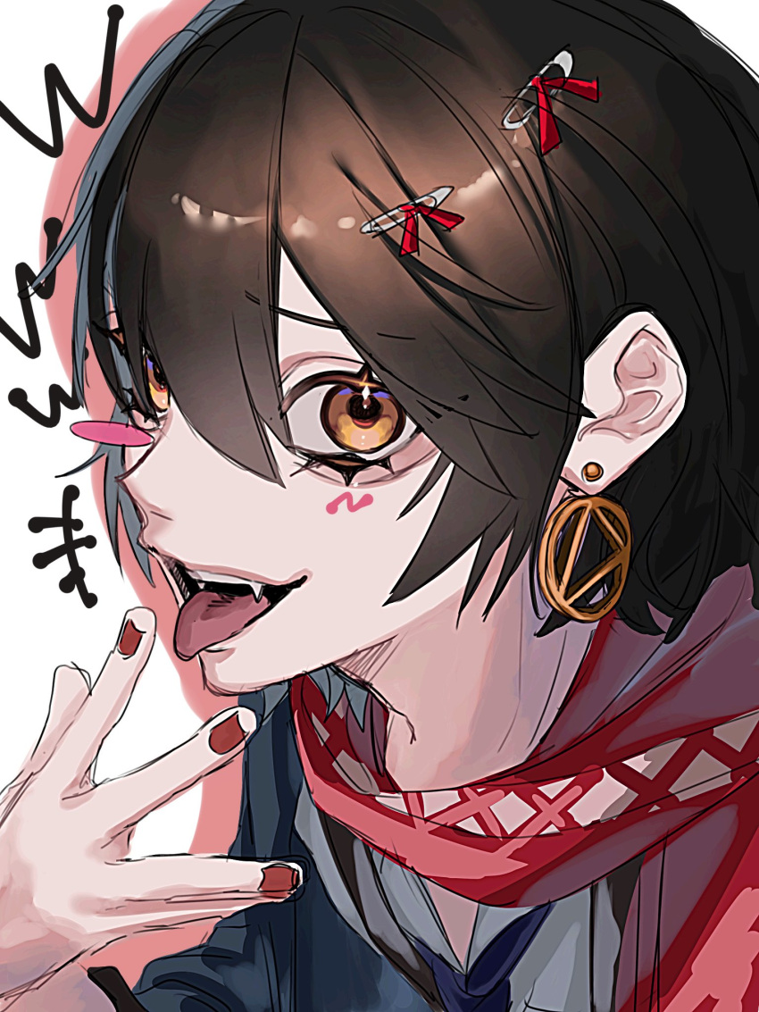 1boy, androgynous, black_hair, blue_necktie, brown_hair, earrings, fangs, hair_between_eyes