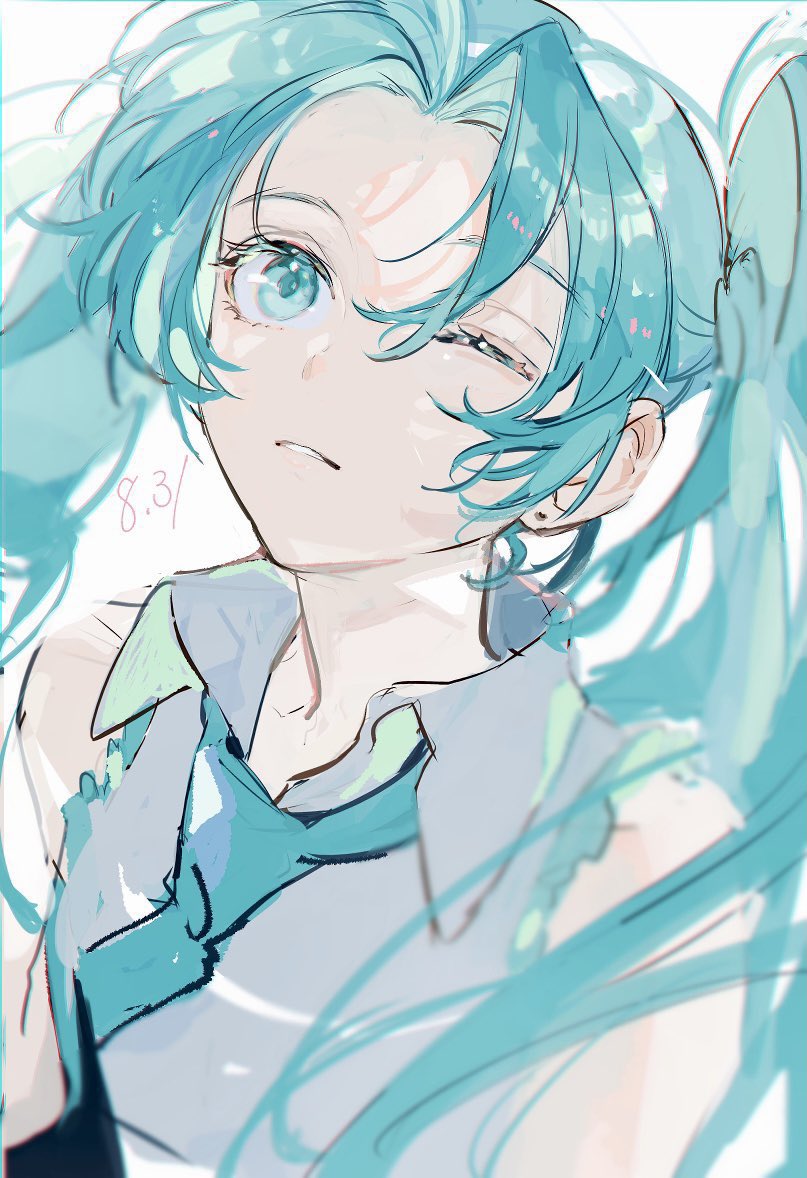 1girl, aqua_eyes, aqua_hair, aqua_necktie, dated, hashtag-only_commentary, hatsune_miku, looking_up