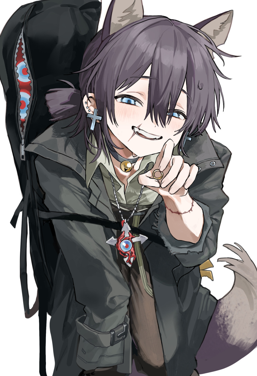 1other, androgynous, animal_ears, backpack, bag, bell, black_pants, blue_eyes