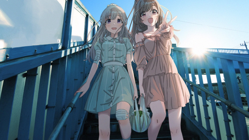 2girls, :d, arms_at_sides, bag, bandaged_arm, bandages, bandaid, bandaid_on_face