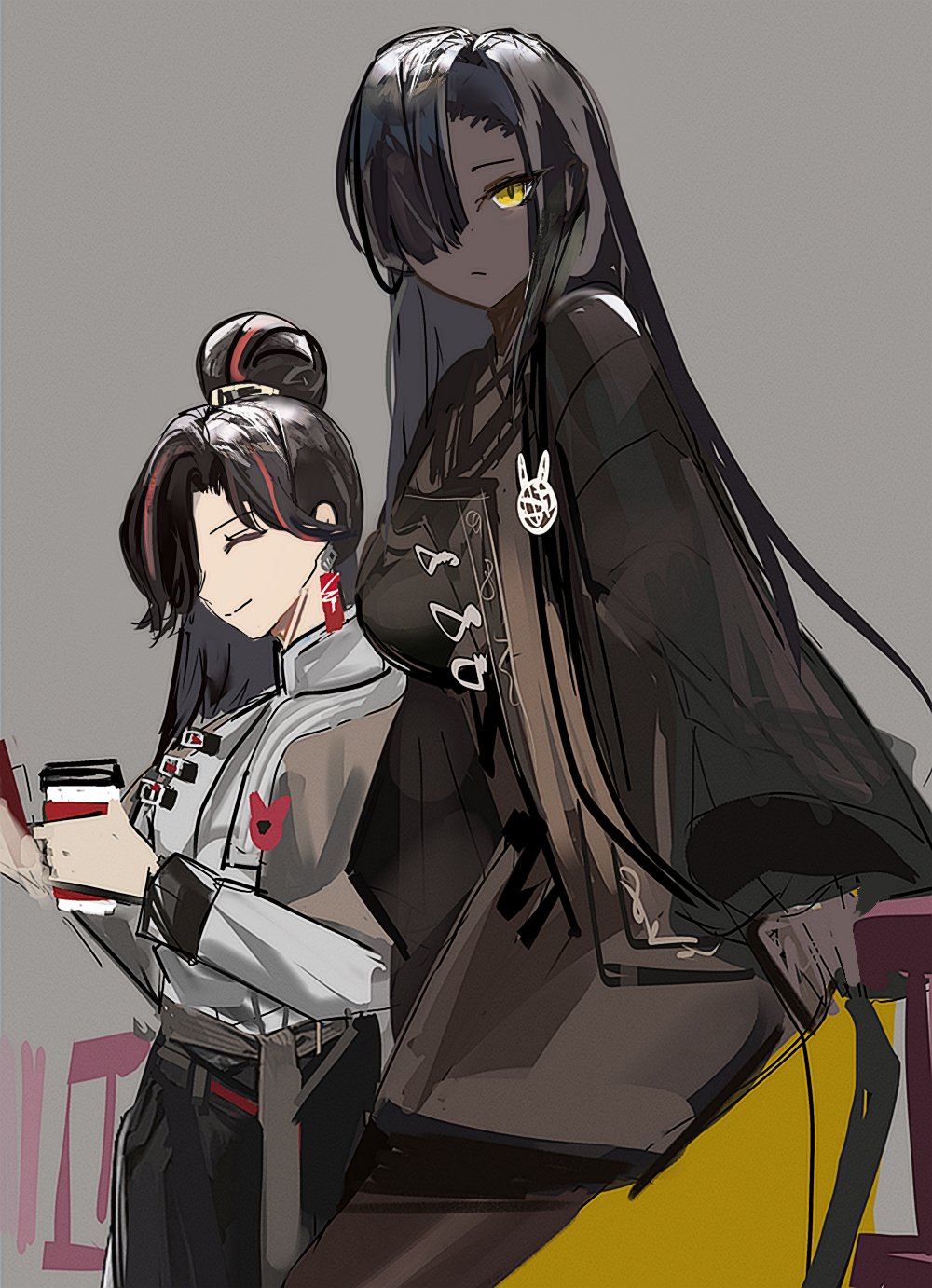 2girls, alternate_costume, brown_robe, chinese_clothes, coffee, dark-skinned_female, dark_skin, hair_bun