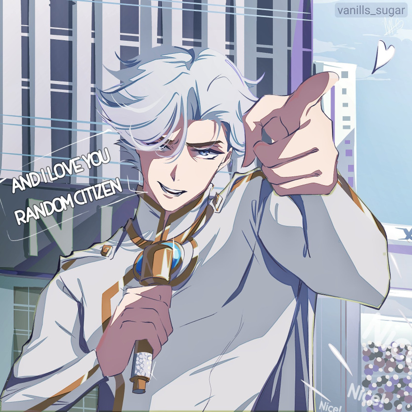 1boy, artist_name, blue_eyes, cape, english_text, heart, highres, holding, holding_microphone, male_focus, megamind_(movie), microphone, nice_(to_be_hero_x), parody, pointing, pointing_at_viewer, scene_reference, short_hair, solo, speech_bubble, teeth, to_be_hero, to_be_hero_x, vanills_sugar, white_cape, white_hair