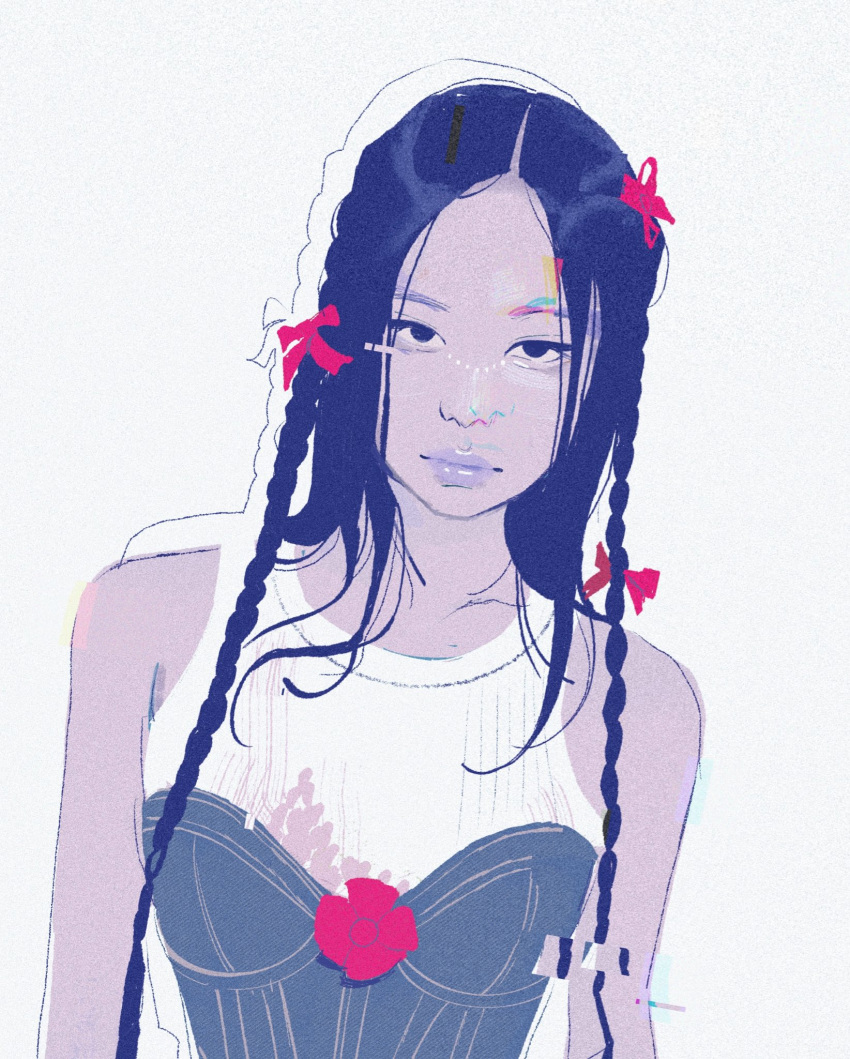 1girl, black_eyeliner, blackpink, blue_hair, bow, braid, closed_mouth, commentary