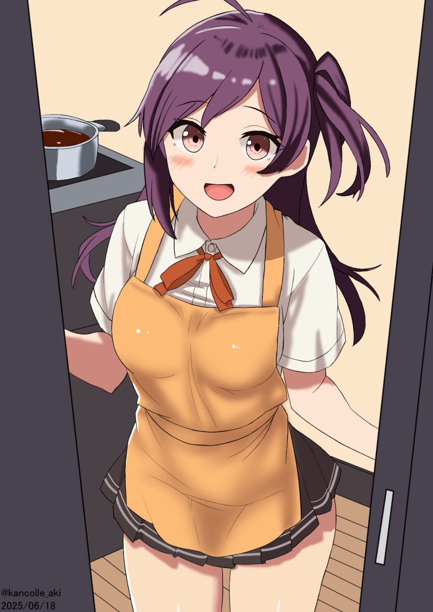 1girl, ahoge, akkun_teitoku, apron, black_skirt, breasts, brown_eyes, collared_shirt, commentary_request, cooking_pot, cowboy_shot, door, dress_shirt, hagikaze_(kancolle), highres, kantai_collection, looking_at_viewer, one-hour_drawing_challenge, one_side_up, open_mouth, orange_apron, purple_hair, shirt, skirt, smile, solo, white_shirt