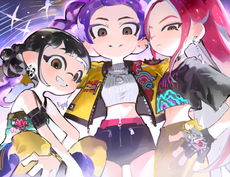 3girls, arm_pouch, black_gloves, black_hair, brown_eyes, commentary, crop_top, cropped_jacket