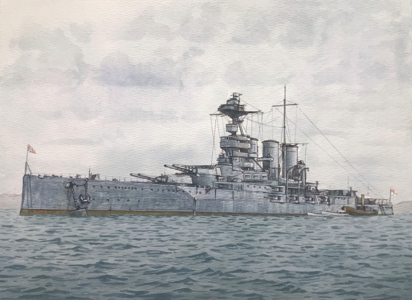 atelier_bono, battlecruiser, cannon, clouds, cloudy_sky, commentary_request, flag, highres, hms_tiger, mast, military_vehicle, no_humans, ocean, original, painting_(medium), ship, ship_turret, sky, smokestack, traditional_media, union_jack, vehicle_focus, warship, watercolor_(medium), watercraft, waves, white_ensign