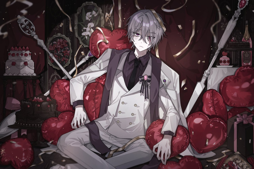1boy, :/, adapted_costume, add_(elsword), arm_rest, balloon, birthday_cake, black_bow