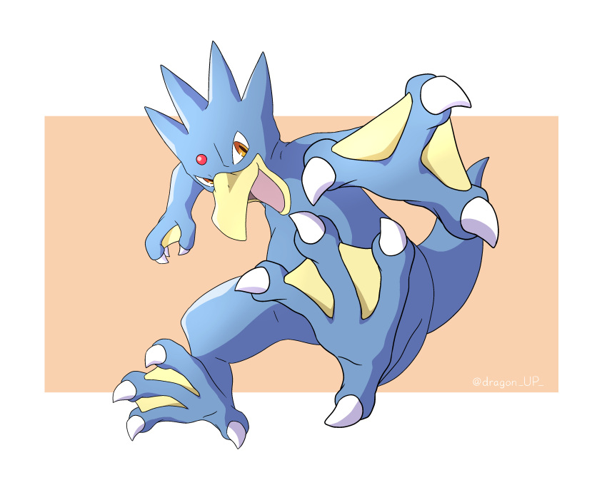 absurdres, bird, duck, forehead_jewel, full_body, golduck, highres, marshie_65, open_mouth, orange_background, pokemon, pokemon_(creature), red_eyes, solo, two-tone_background, webbed_hands, white_background