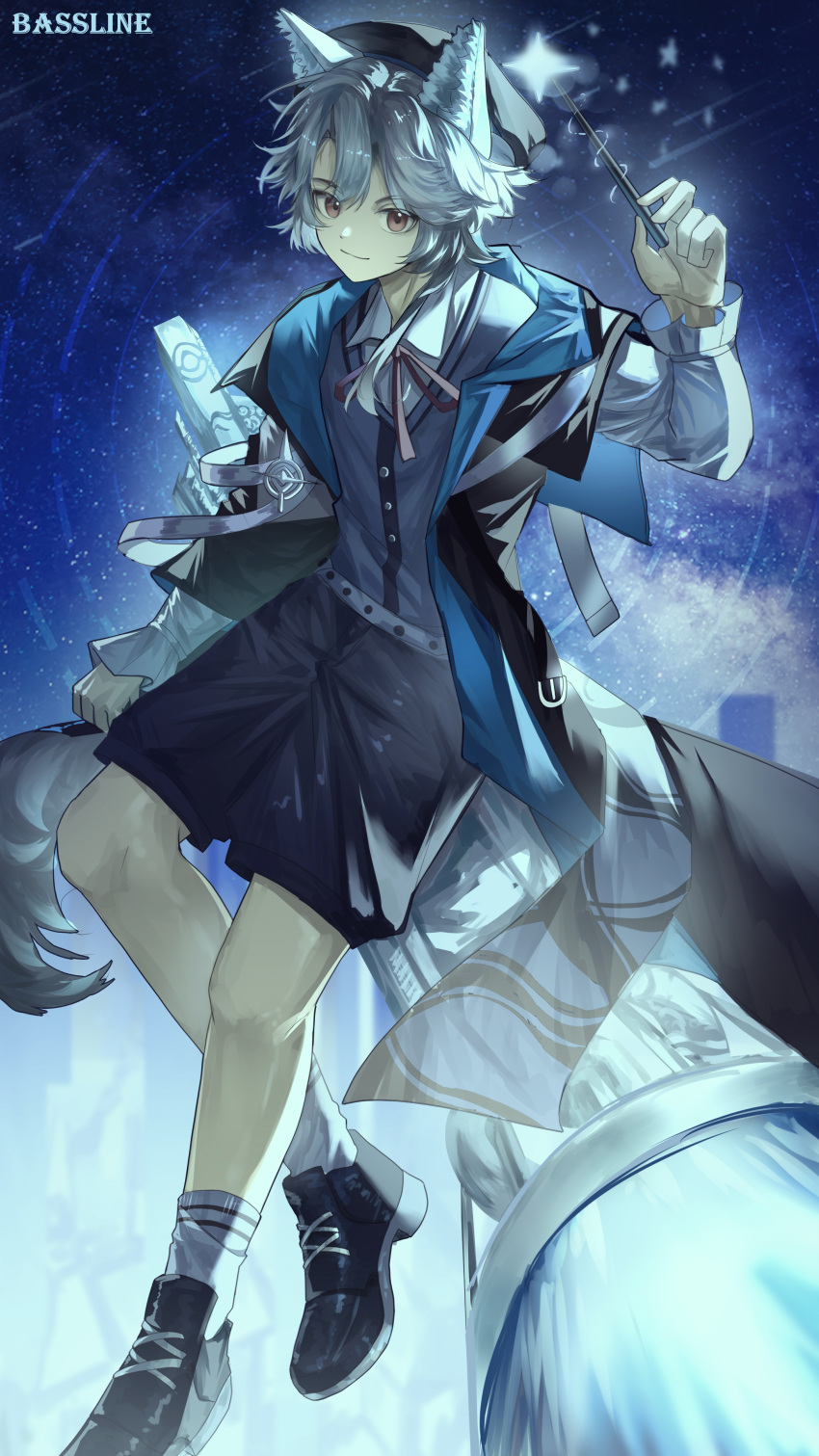 1boy, absurdres, animal_ear_fluff, animal_ears, arknights, arm_up, bassline_(arknights), bassline_(starry_night_sky)_(arknights), beret, birchboat, black_shoes, black_shorts, blue_robe, blue_sweater_vest, closed_mouth, collared_shirt, full_body, grey_hair, hair_between_eyes, hat, highres, holding, holding_stick, hooded_robe, legs, magical_boy, male_focus, night, orange_eyes, red_ribbon, ribbon, robe, shirt, shoes, shorts, sky, smile, socks, star_(sky), starry_sky, stick, sweater_vest, tail, white_shirt, white_socks, wolf_boy, wolf_ears, wolf_tail