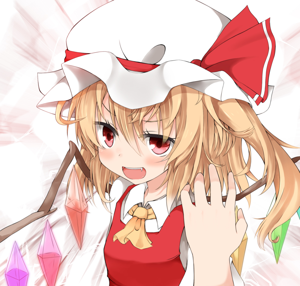 ascot, blonde_hair, bust, crystal, face, fang, flandre_scarlet, hat