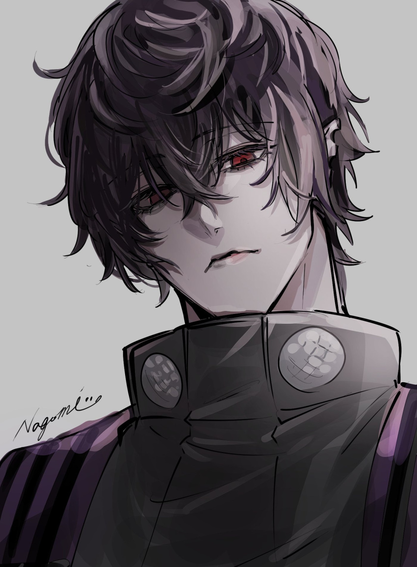 1boy, beelzebub_(shuumatsu_no_valkyrie), black_hair, goth_fashion, hair_over_one_eye, highres, hishui_prpr, looking_at_viewer, male_focus, one_eye_covered, pointy_ears, priest, red_eyes, short_hair, shuumatsu_no_valkyrie, solo, upper_body