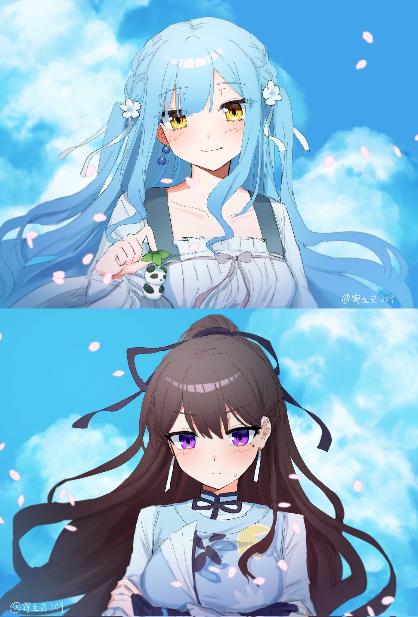 2girls, bang_dream!, bang_dream!_it's_mygo!!!!!, birthday1730225, blue_hair, blush, brown_hair, closed_mouth