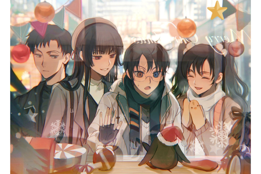2boys, 2girls, ^_^, black_gloves, black_hair, closed_eyes, coat, commentary