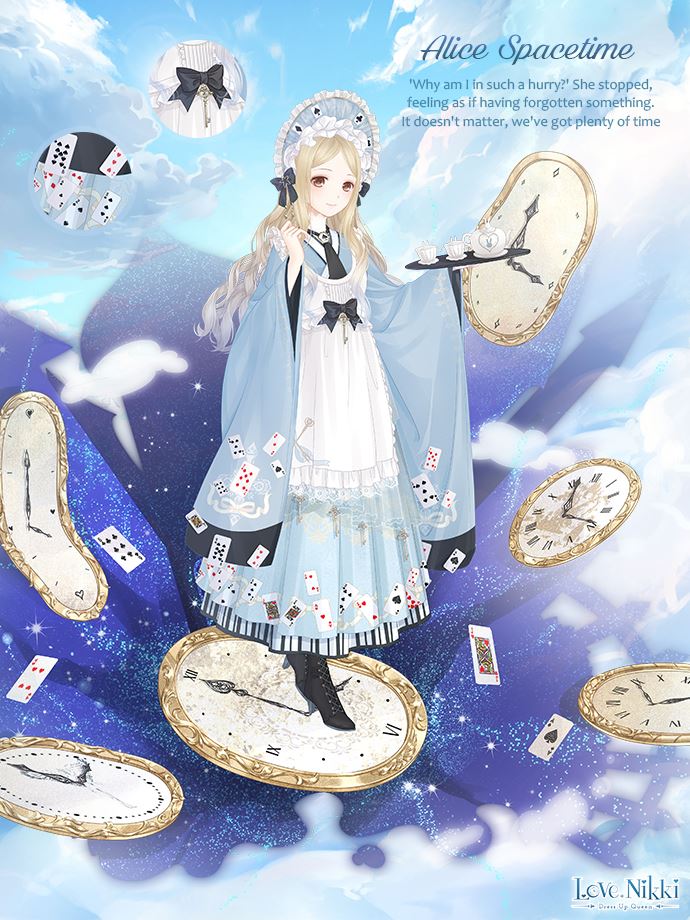 1girl, ace_(playing_card), ace_of_spades, alice's_adventures_in_wonderland, alice's_time_gate_(miracle_nikki), alice_(alice_in_wonderland), alice_(alice_in_wonderland)_(cosplay), apron, artist_request, black_boots, black_bow, blonde_hair, blue_bonnet, blue_dress, blue_sky, bonnet, boots, bow, brown_eyes, card, character_name, clock, close-up, closed_mouth, clouds, collared_shirt, copyright_name, cosplay, cup, day, dot_nose, dress, english_text, floating_card, frilled_apron, frilled_headwear, frills, full_body, hair_bow, happy, high_collar, high_heel_boots, high_heels, holding, holding_tray, king_(playing_card), king_of_hearts_(playing_card), light_blush, light_particles, logo, lolita_fashion, long_dress, long_hair, long_sleeves, looking_at_viewer, miracle_nikki, nikki_(series), official_art, outdoors, playing_card, playing_card_print, pleated_dress, saucer, shirt, shirt_under_dress, sidelocks, sky, smile, solo, spade_(shape), standing, teacup, teapot, tray, very_long_hair, wavy_hair, white_apron, white_shirt, wide_sleeves