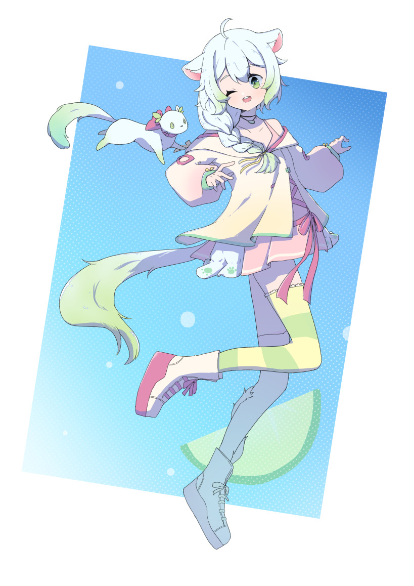 1girl, ahoge, animal, animal_ears, asymmetrical_legwear, braid, dress, ferret