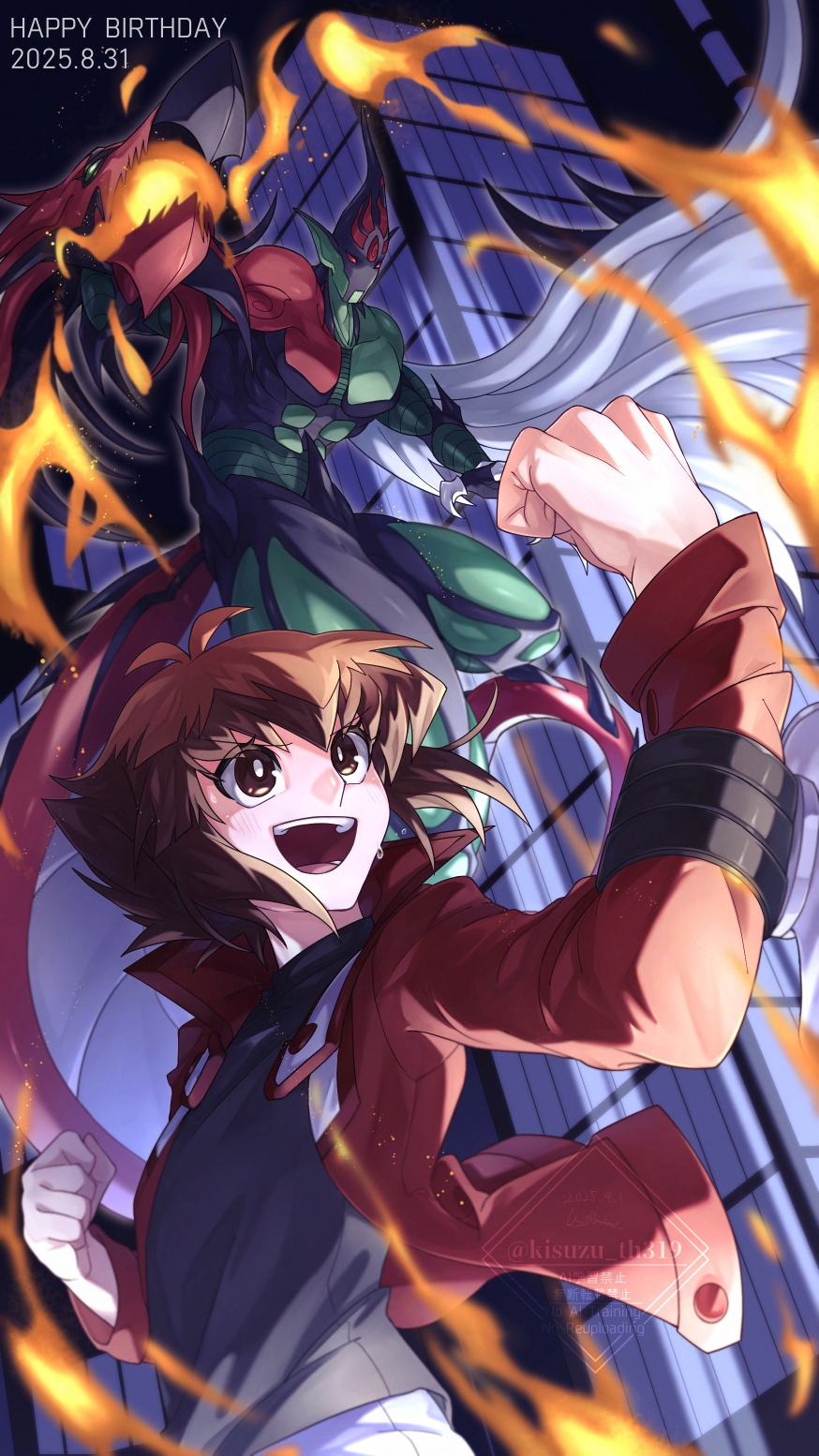 angel_wings, black_shirt, breath_weapon, breathing_fire, brown_eyes, brown_hair, building, collared_jacket