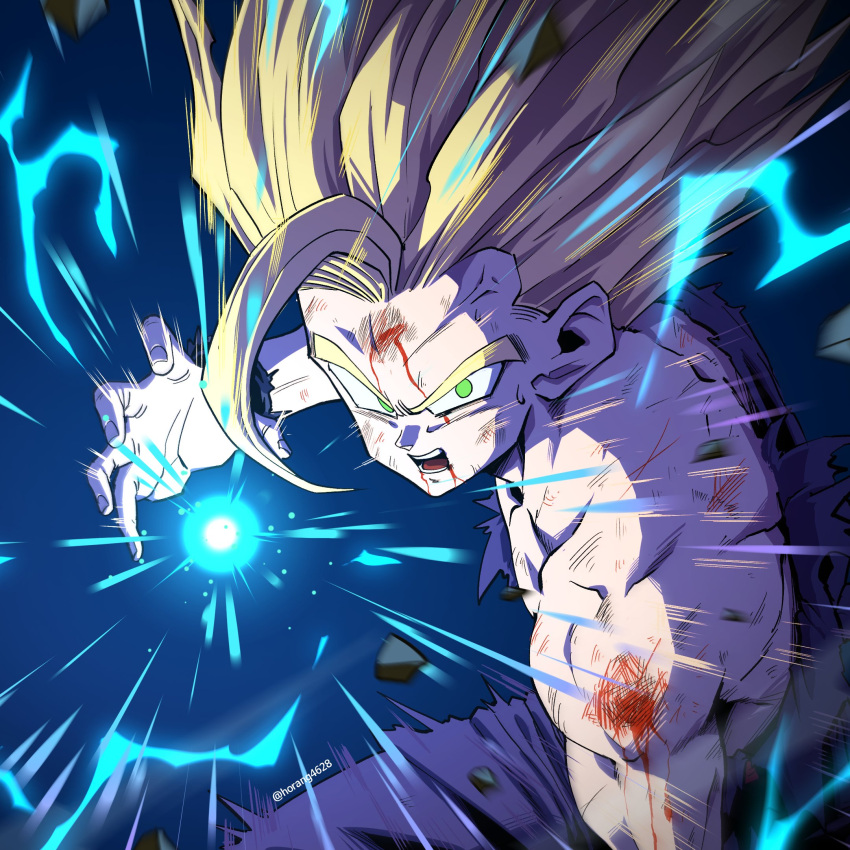 1boy, blonde_hair, cowboy_shot, dragon_ball, dragon_ball_z, energy_ball, green_eyes, highres